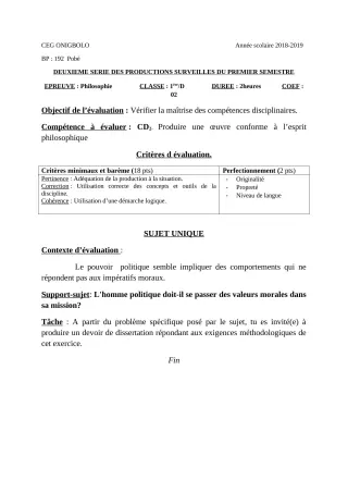 Première page de Philosophie 1ère D — Devoir surveillé, 1er semestre (2018-2019) · CEG ONIGBOLO