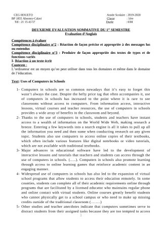 Première page de Anglais 1ère A1, 1ère A2, 1ère B, 1ère C, 1ère D — 2e évaluation sommative, 1er semestre (2019-2020) · CEG HOUETO