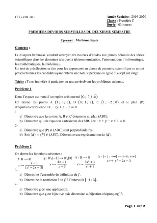 Première page de Mathématiques 1ère C — Devoir surveillé, 2e semestre (2019-2020) · CEG ZOGBO