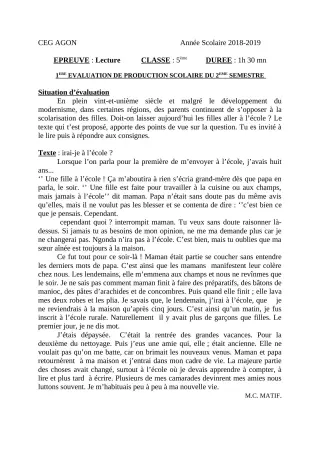 Première page de Français 5e — 1re production scolaire, 2e semestre (2018-2019) · CEG Agon
