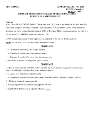 Première page de Mathématiques 2nde A — 1re production scolaire, 1er semestre (2022-2023) · CEG1 Ikpinlè
