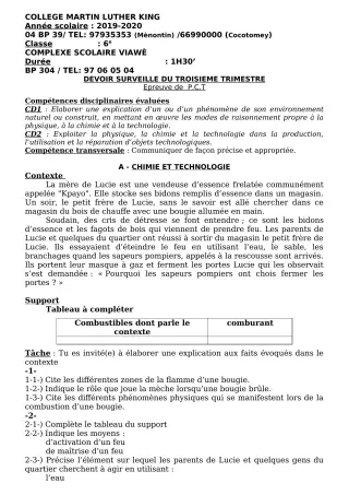 Première page de PCT 6e, 5e, 4e, 3e, 2nde D, 1ère C, 1ère D, Tle C, Tle D — Devoir surveillé, 3e trimestre (2019-2020) · CPEG Martin Luther King Cotonou
