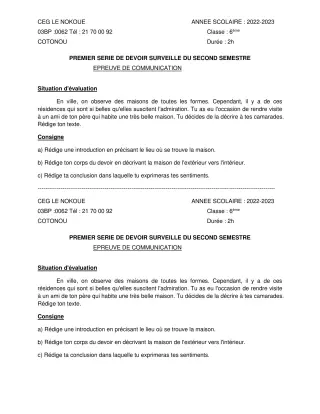 Première page de Français 6e — 1er devoir surveillé, 2e semestre (2022-2023) · CEG LE NOKOUE