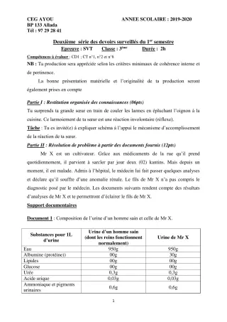 Première page de SVT 3e ML — 2e devoir surveillé, 1er semestre (2019-2020) · CEG AYOU