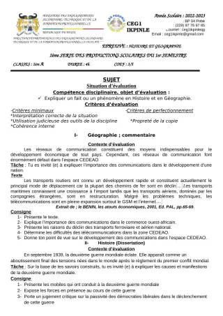 Première page de Histoire-Géographie 1ère A — 2e production scolaire, 1er semestre (2022-2023) · CEG1 Ikpinlè
