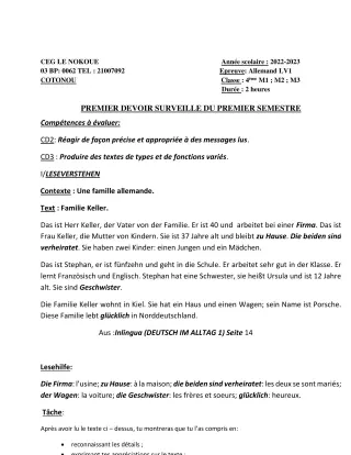 Première page de Allemand 4e — 1er devoir surveillé, 1er semestre (2022-2023) · CEG LE NOKOUE