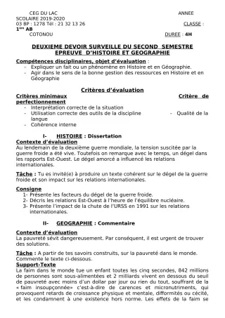 Première page de Histoire-Géographie 1ère B — 2e devoir surveillé, 2e semestre (2019-2020) · CEG du Lac