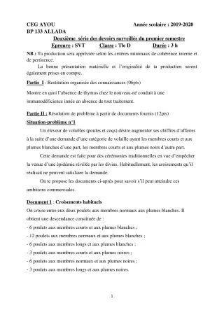 Première page de SVT Tle D — 2e devoir surveillé, 1er semestre (2019-2020) · CEG AYOU