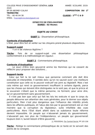 Première page de Philosophie 1ère C, 1ère D — Composition, 1er trimestre (2019-2020) · CPEG LICA