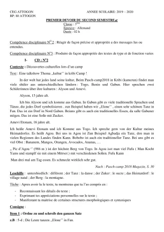 Première page de Allemand 3e ML — 1er devoir surveillé, 2e semestre (2019-2020) · CEG Attogon
