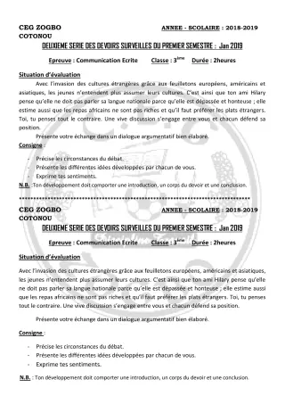 Première page de Français 6e, 5e, 4e, 4e ML, 3e, 3e ML, 2nde A, 2nde B, 2nde C, 2nde D, 1ère A1, 1ère A2, 1ère B, 1ère C, 1ère D, Tle A1, Tle A2, Tle B, Tle C, Tle D — 2e devoir surveillé, 1er semestre (2018-2019) · C