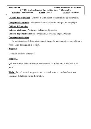 Première page de Philosophie 1ère D — 1er devoir surveillé (2020-2021) · CEG SEKERE