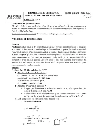 Première page de PCT 1ère D — 1er devoir surveillé, 1er semestre (2019-2020) · CEG Kaïtèmè