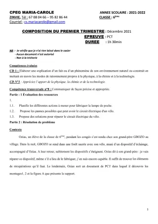 Première page de PCT 6e — Composition, 1er trimestre (2021-2022) · CPEG MARIA-CAROLE