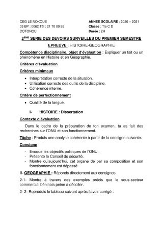 Première page de Histoire-Géographie Tle C, Tle D — 2e devoir surveillé, 1er semestre (2020-2021) · CEG LE NOKOUE