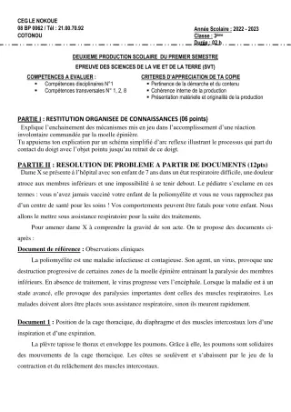 Première page de SVT 3e, 3e ML — 2e production scolaire, 1er semestre (2022-2023) · CEG LE NOKOUE