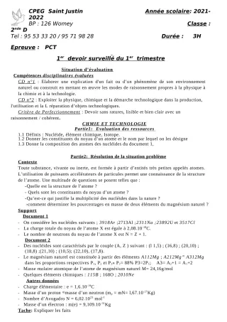 Première page de PCT 2nde D — 1er devoir surveillé, 1er trimestre (2021-2022) · CPEG SAINT Justin