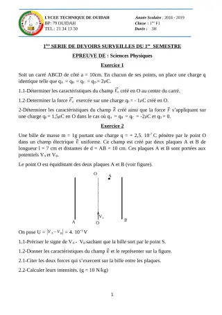 Première page de PCT 1ère F1 — 1er devoir surveillé, 1er semestre (2018-2019) · LT Ouidah