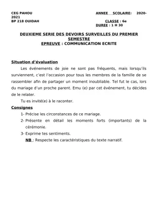 Première page de Français 6e — 2e devoir surveillé, 1er semestre (2020-2021) · CEG PAHOU