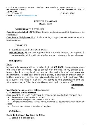 Première page de Anglais 6e — 1er devoir surveillé (2020-2021) · CPEG LICA