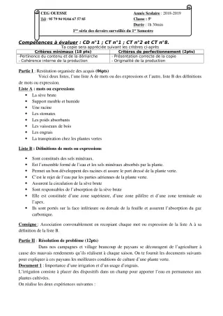Première page de SVT 5e — 1er devoir surveillé, 1er semestre (2019-2020) · Ceg OUESSE