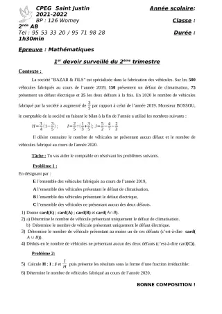 Première page de Mathématiques 2nde A2, 2nde B — 1er devoir surveillé, 2e trimestre (2021-2022) · CPEG SAINT Justin