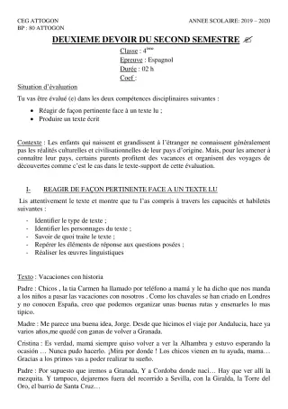 Première page de Espagnol 4e ML — 2e devoir surveillé, 2e semestre (2019-2020) · CEG Attogon