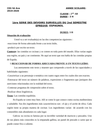 Première page de Espagnol 2nde A1, 2nde A2, 2nde B, 2nde C, 2nde D — 1er devoir surveillé, 2e semestre (2019-2020) · CEG Sô-Ava