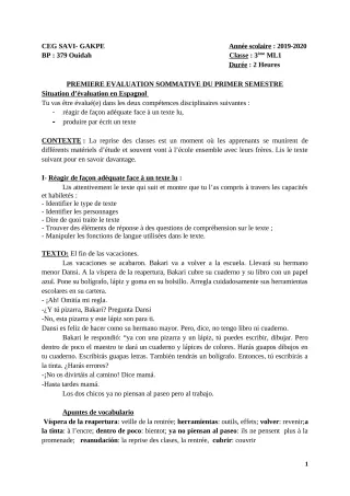 Première page de Espagnol 3e ML — 1re évaluation sommative (2019-2020) · CEG SAVI GAKPE