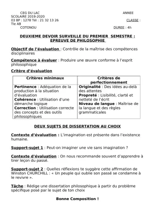 Première page de Philosophie Tle A2, Tle B — 2e devoir surveillé, 1er semestre (2019-2020) · CEG du Lac
