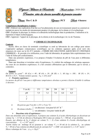 Première page de PCT Tle C, Tle D — 1er devoir surveillé, 1er semestre (2020-2021) · PMB