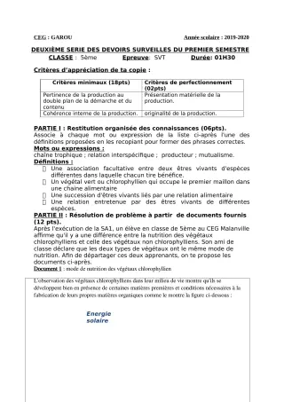 Première page de SVT 5e — 2e devoir surveillé, 1er semestre (2019-2020) · CEG GAROU