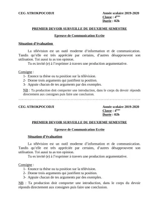 Première page de Français 4e — 1er devoir surveillé, 2e semestre (2019-2020) · CEG ATROKPOCODJI
