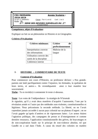 Première page de Histoire-Géographie Tle A1, Tle A2 — 2e devoir surveillé, 2e semestre (2018-2019) · CEG OKEDAMA