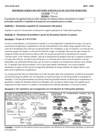 Première page de SVT Tle A2 — 1er devoir surveillé, 2e semestre (2019-2020) · CEG1 Kalalé
