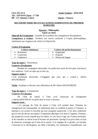 Première page de Philosophie 2nde A1, 2nde A2, 2nde C, 1ère A1, 1ère A2, 1ère B, 1ère C, 1ère D, Tle A1, Tle A2, Tle B, Tle C, Tle D — 2e évaluation sommative, 1er semestre (2018-2019) · CEG Sô-Ava