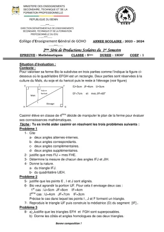 Première page de Mathématiques 5e — 2e production scolaire, 1er semestre (2023-2024) · CEG GOHO