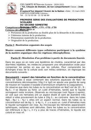 Première page de SVT 2nde A2, 2nde B — Production scolaire, 2e semestre (2020-2021) · CEG Sainte Rita