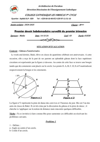 Première page de Mathématiques 4e — 1er devoir surveillé, 1er trimestre (2024-2025) · Hibiscus 1er cycle
