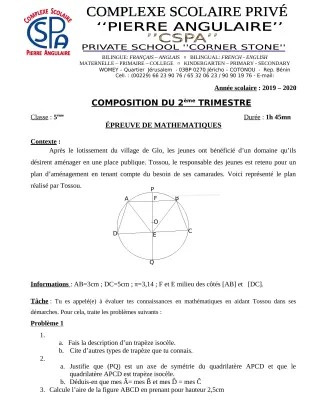Première page de Mathématiques 5e — Composition, 2e trimestre (2019-2020) · CPEG PIERRE ANGULAIRE