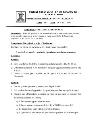 Première page de Histoire-Géographie 6e — Composition (2020-2021) · CPEG Roger LAFIA