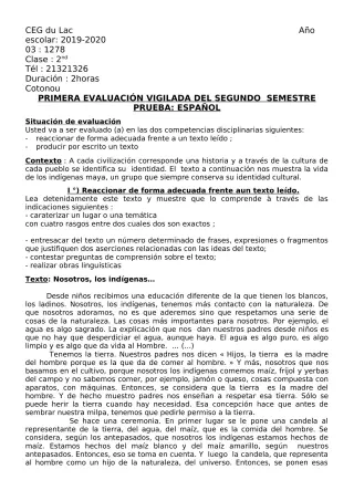 Première page de Espagnol 2nde A, 2nde B — 2019-2020 · CEG du Lac