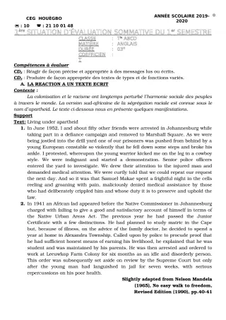 Première page de Anglais Tle A1, Tle A2, Tle B, Tle C — Évaluation sommative, 1er semestre (2019-2020) · CEG HOUEGBO