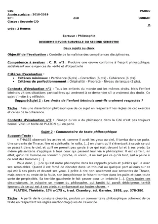 Première page de Philosophie 2nde C, 2nde D — 2e devoir surveillé, 2e semestre (2018-2019) · CEG PAHOU