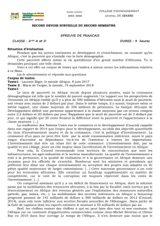 Première page de Français 2nde A2, 2nde D — 2e devoir surveillé, 2e semestre (2021-2022) · CEG SEKERE