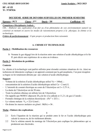 Première page de PCT 3e — 2e devoir surveillé, 1er semestre (2023-2024) · CPEG SAINT Justin
