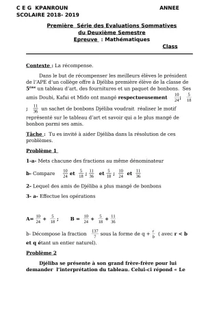 Première page de Mathématiques 5e — 1re évaluation sommative, 2e semestre (2018-2019) · CEG Kpanroun