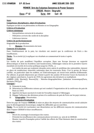 Première page de Histoire-Géographie 1ère A2 — 1re évaluation sommative, 1er semestre (2019-2020) · CEG Kpanroun