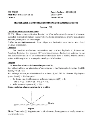 Première page de PCT 5e — Évaluation sommative, 2e semestre (2018-2019) · CEG ZOGBO