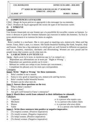 Première page de Anglais 6e, 5e, 4e, 4e ML, 3e, 3e ML, 2nde C, 2nde D, 1ère A2, 1ère B, 1ère C, 1ère D, Tle A & B, Tle A2, Tle C, Tle D — 2e devoir surveillé, 2e semestre (2018-2019) · CEG Banikanni